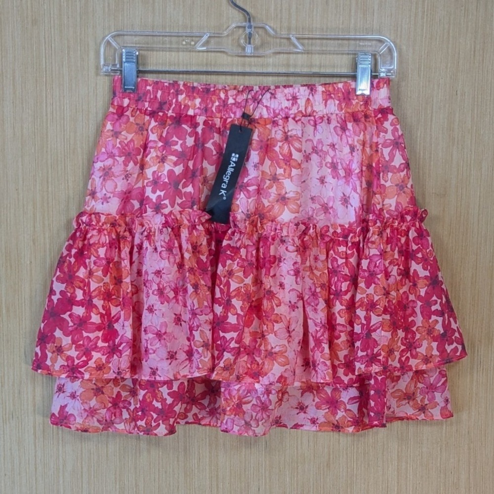 Allegra K‎ Fairy Feminine Pink Floral Tiered Ruffle Mini Skirt Small Chiffon